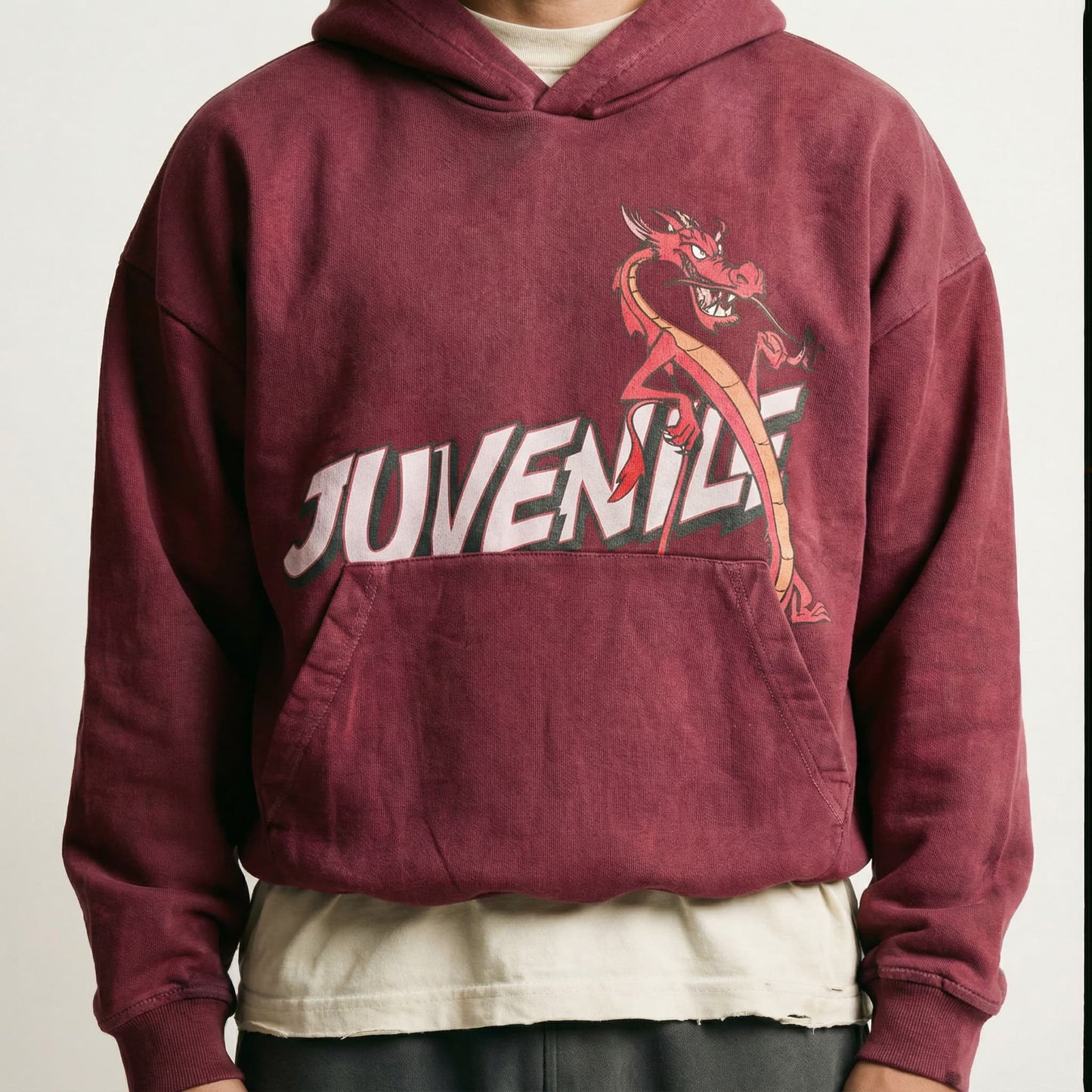Mushu | Boxy fit acid washed red printed hoodie JUVENILE