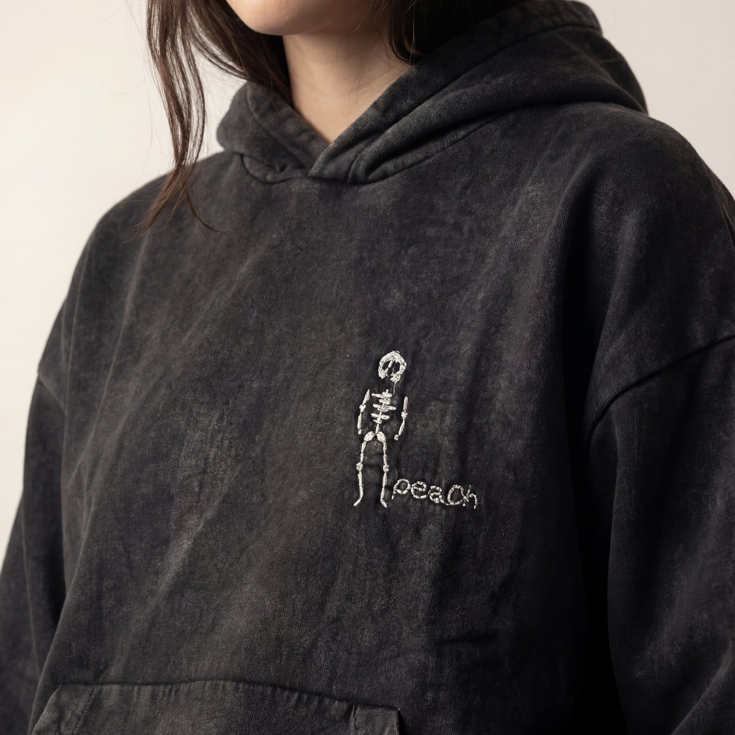 Dead man | Boxy fit acid washed grey embroidered hoodie PEACH X JUVENILE