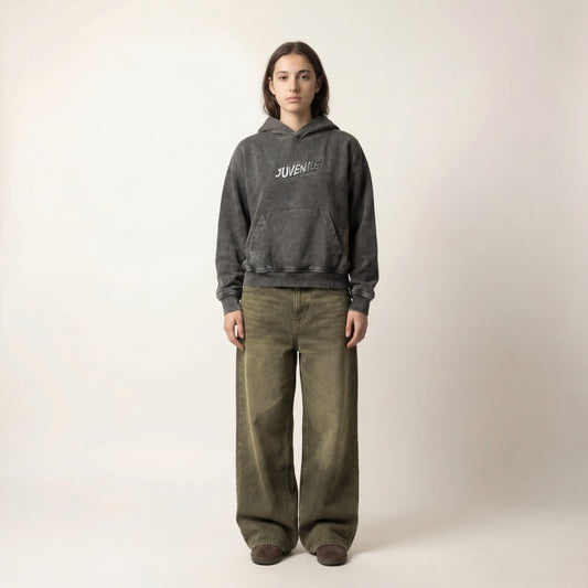 Shades of grey | Boxy fit acid washed grey embroidered hoodie JUVENILE