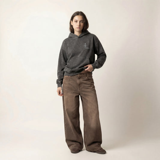 Dead man | Boxy fit acid washed grey embroidered hoodie PEACH X JUVENILE