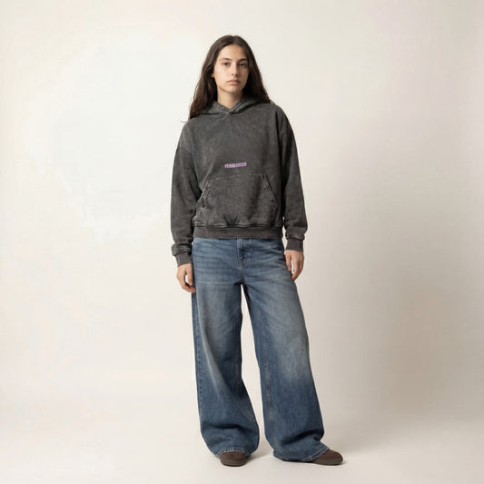 Peach kissed | Boxy fit acid washed black printed hoodie PEACH X JUVENILE