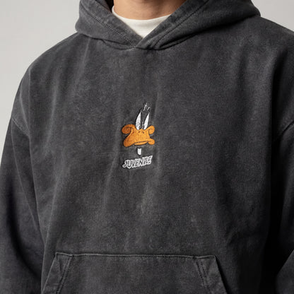 Daffy duck | Boxy fit acid washed black embroidered hoodie JUVENILE