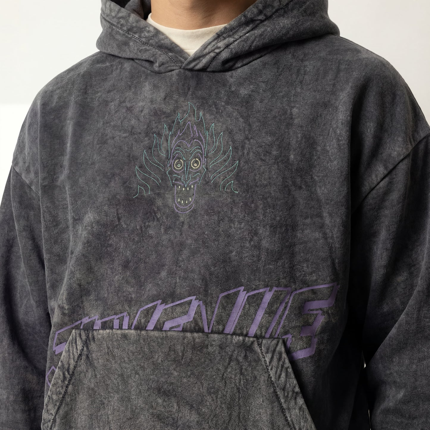 Hades | Boxy fit acid washed grey printed hoodie JUVENILE