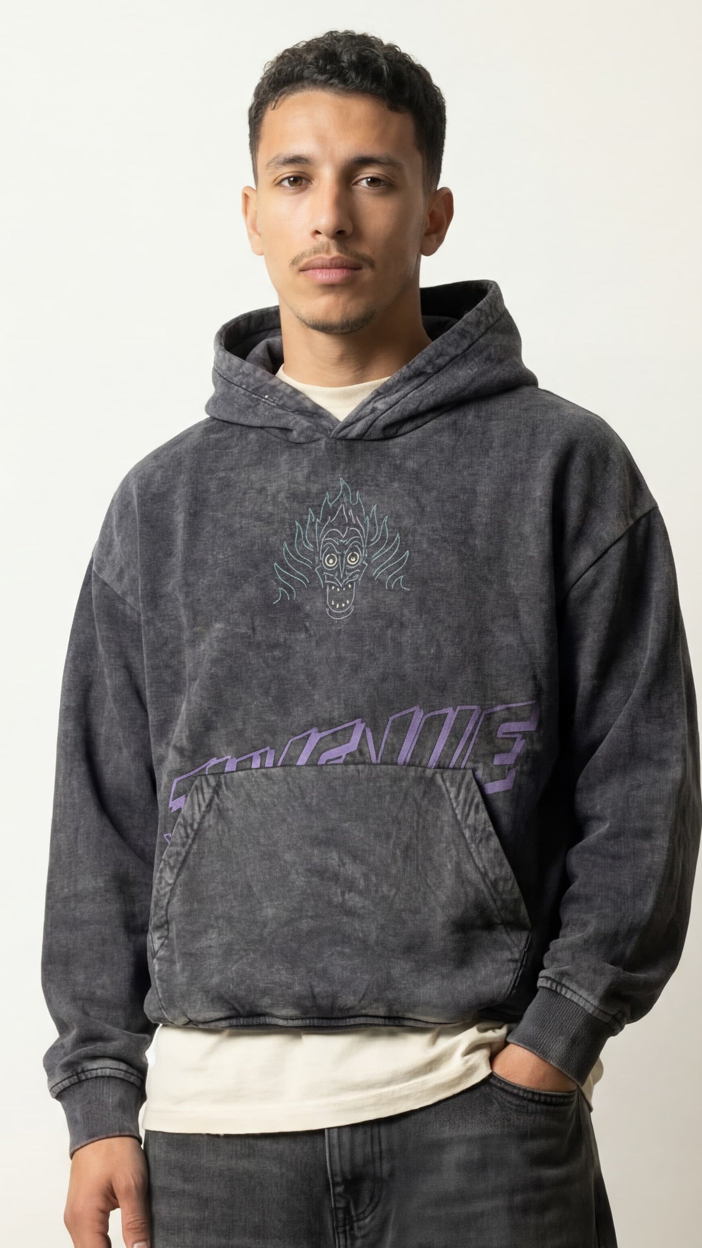 Hades | Boxy fit acid washed grey printed hoodie JUVENILE