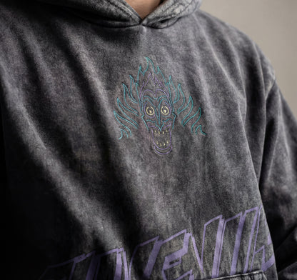 Hades | Boxy fit acid washed grey printed hoodie JUVENILE