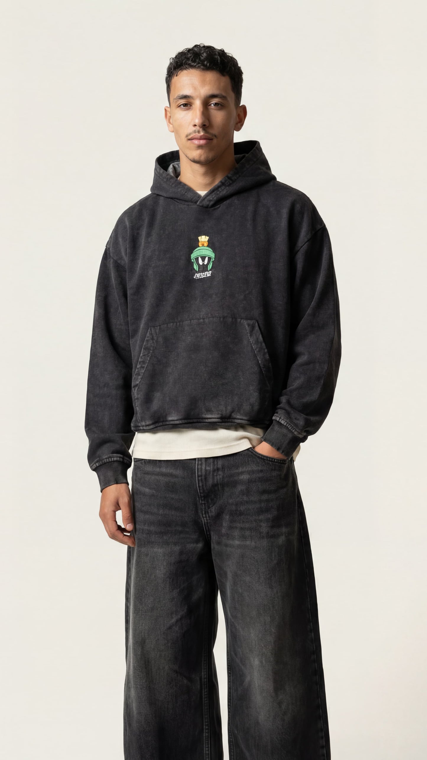 Marvin | Boxy fit acid washed black embroidered hoodie JUVENILE