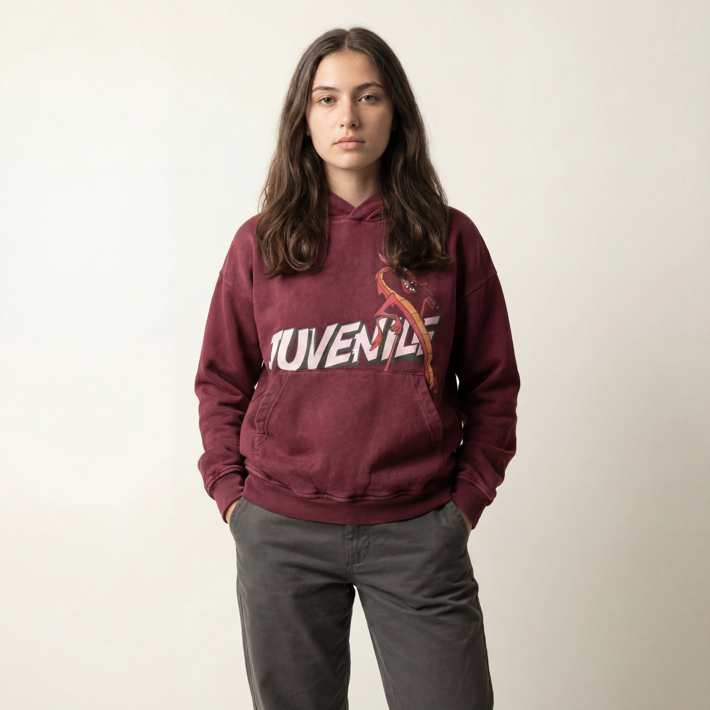 Mushu | Boxy fit acid washed red printed hoodie JUVENILE