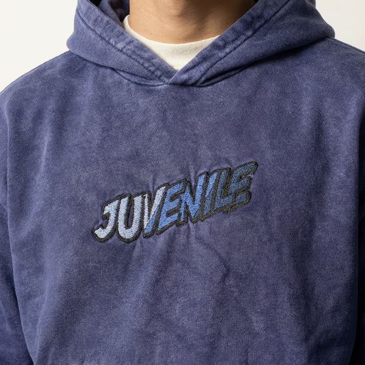 Shades of blue | Boxy fit acid washed blue embroidered hoodie JUVENILE