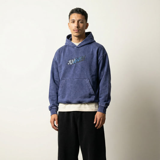 Shades of blue | Boxy fit acid washed blue embroidered hoodie JUVENILE