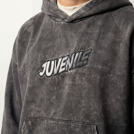 Shades of grey | Boxy fit acid washed grey embroidered hoodie JUVENILE