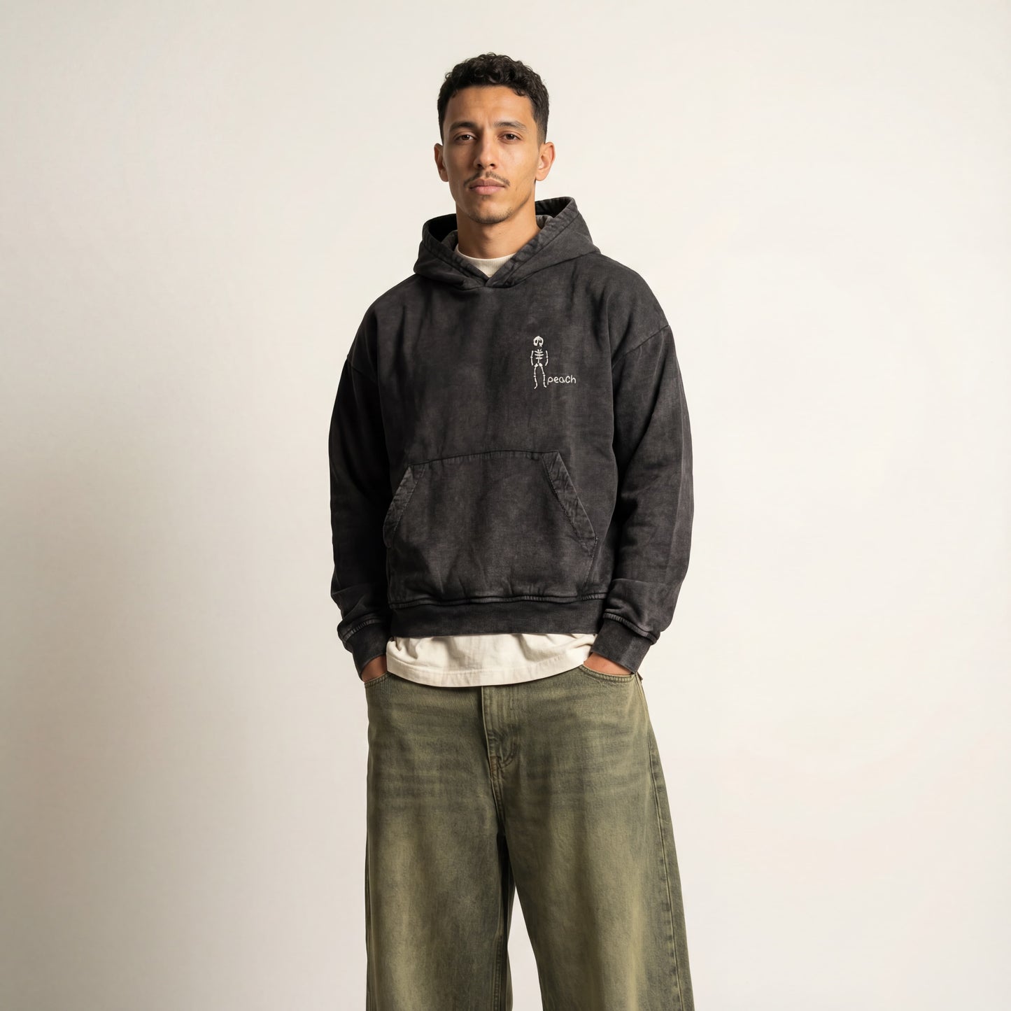 Dead man | Boxy fit acid washed grey embroidered hoodie PEACH X JUVENILE