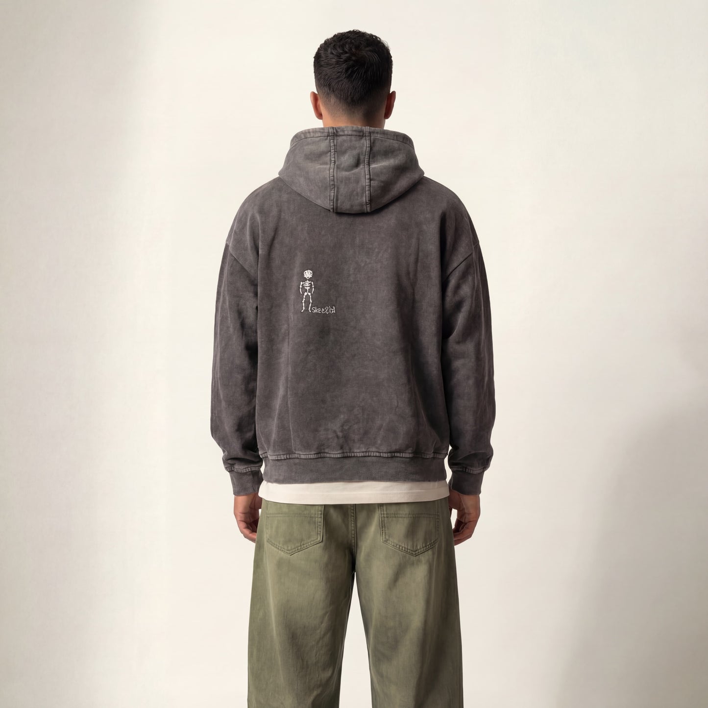 Dead man | Boxy fit acid washed grey embroidered hoodie PEACH X JUVENILE