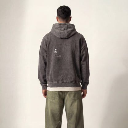 Dead man | Boxy fit acid washed grey embroidered hoodie PEACH X JUVENILE