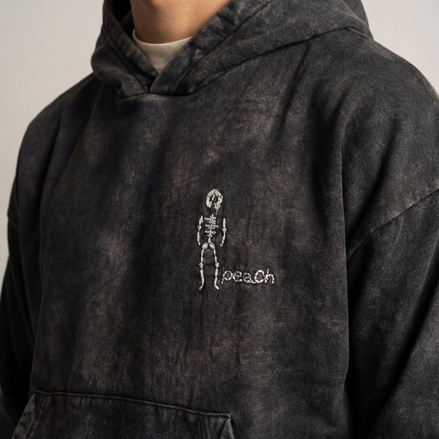Dead man | Boxy fit acid washed grey embroidered hoodie PEACH X JUVENILE