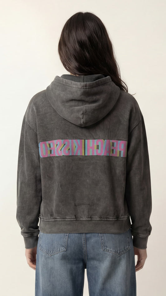 Peach kissed | Boxy fit acid washed black printed hoodie PEACH X JUVENILE