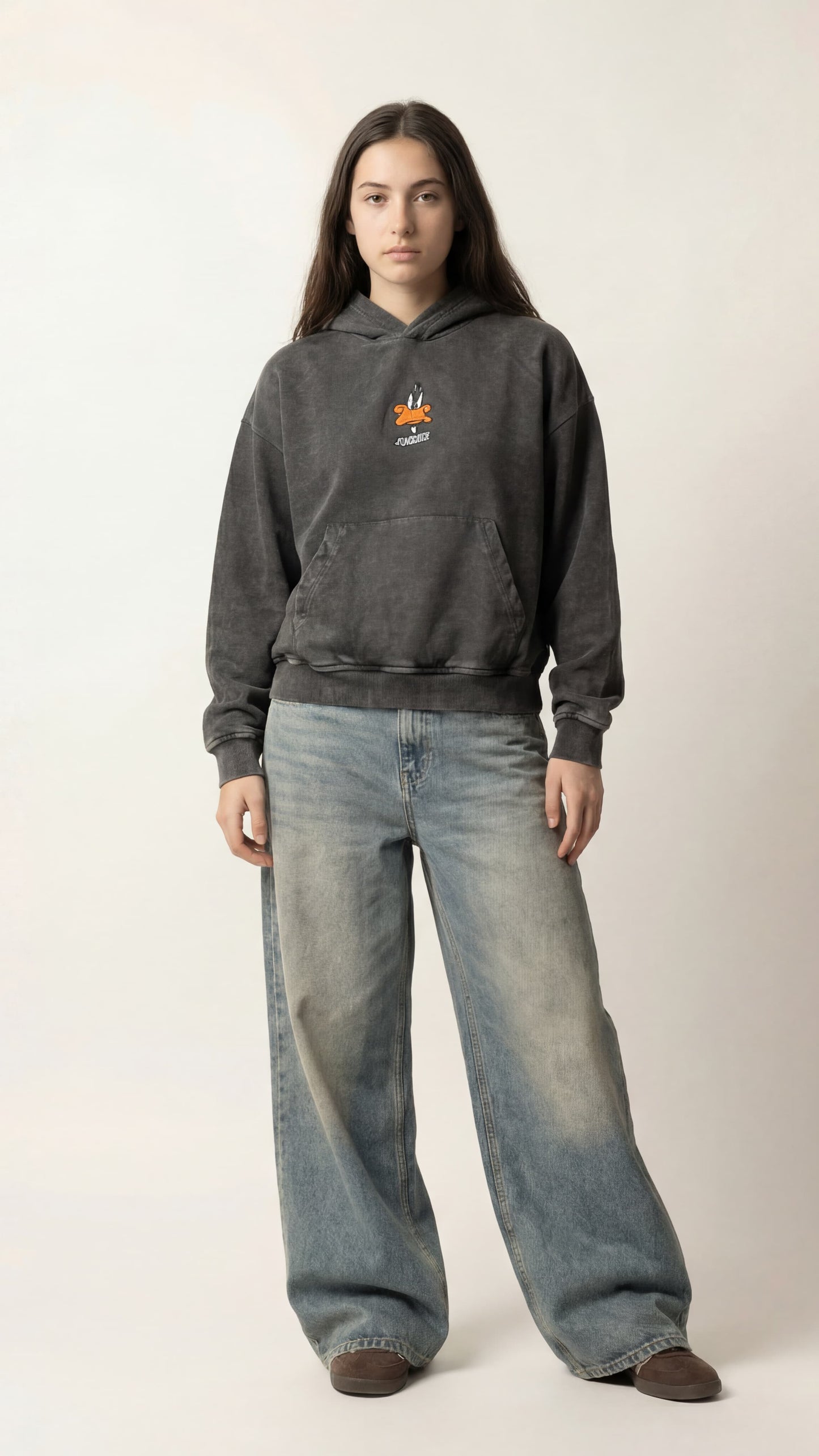 Daffy duck | Boxy fit acid washed black embroidered hoodie JUVENILE