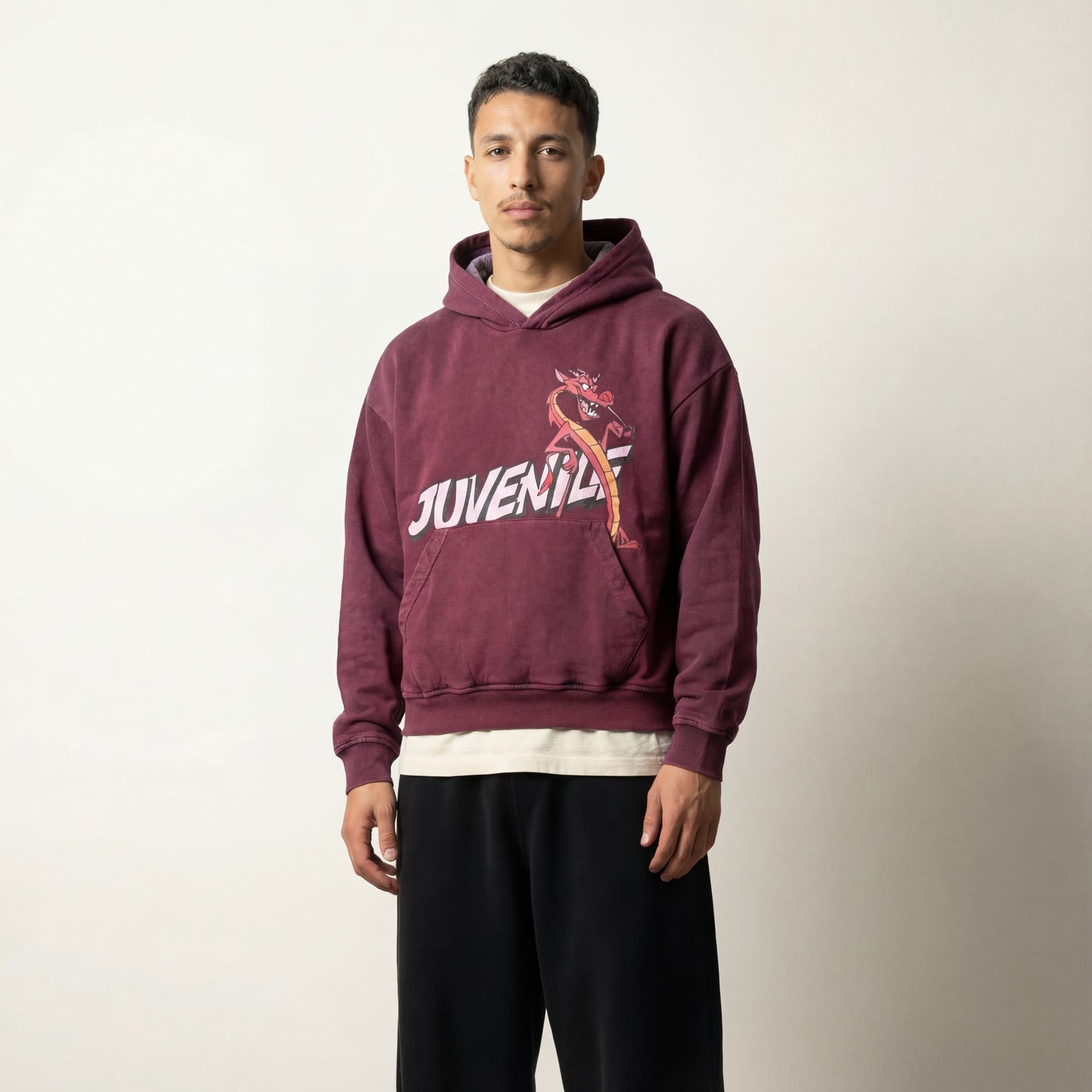 Mushu | Boxy fit acid washed red printed hoodie JUVENILE