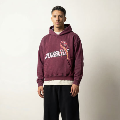 Mushu | Boxy fit acid washed red printed hoodie JUVENILE