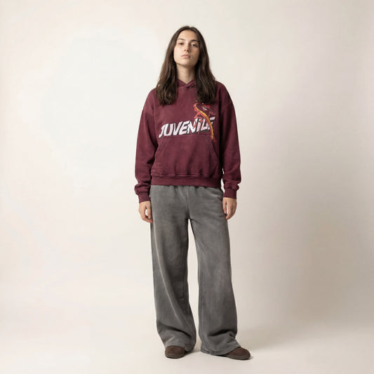 Mushu | Boxy fit acid washed red printed hoodie JUVENILE