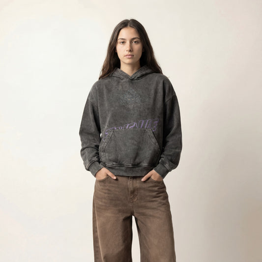 Hades | Boxy fit acid washed grey printed hoodie JUVENILE